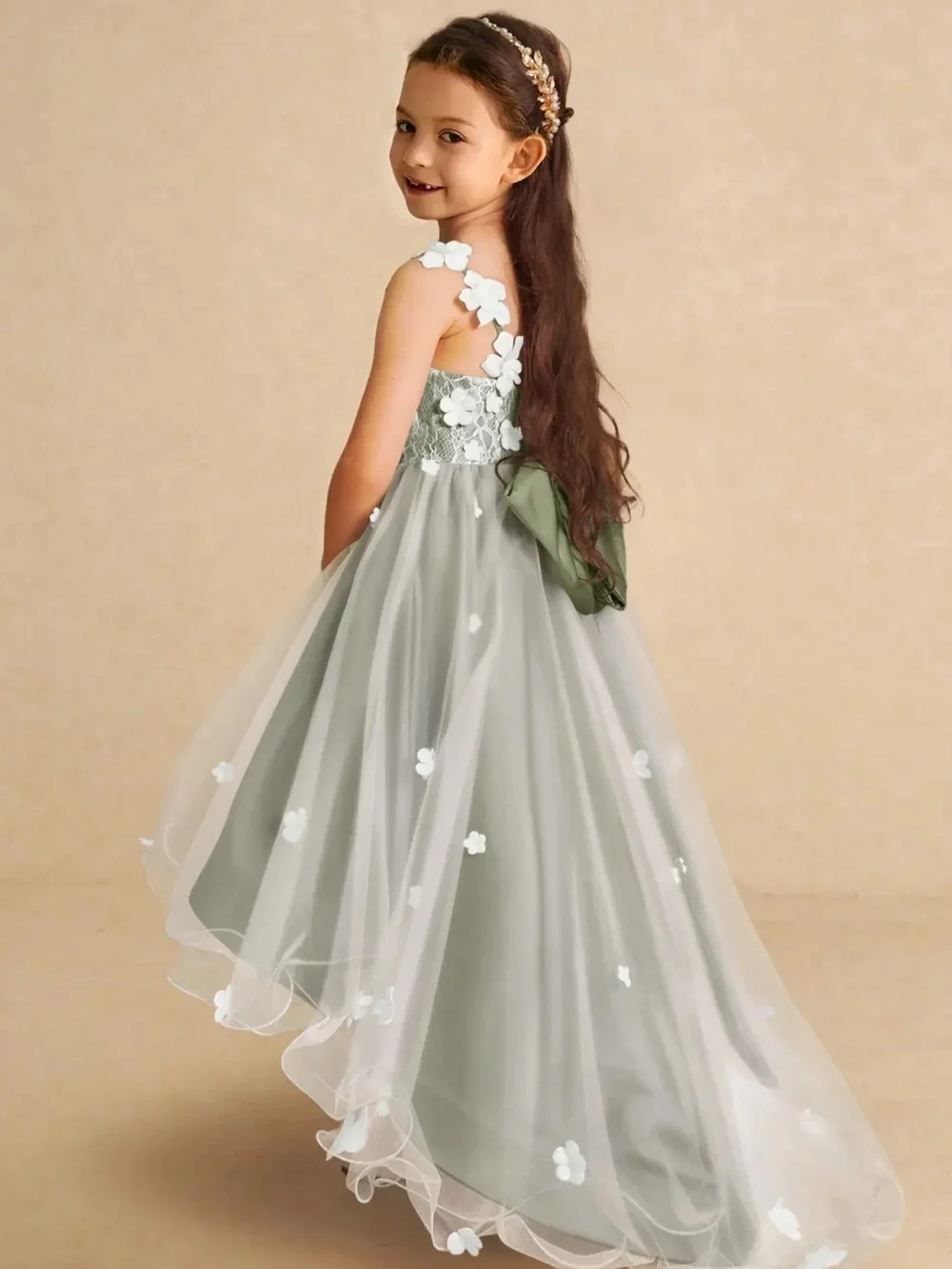 Azazie Sage Green Girls' Tulle Floral Appliqué Dress
